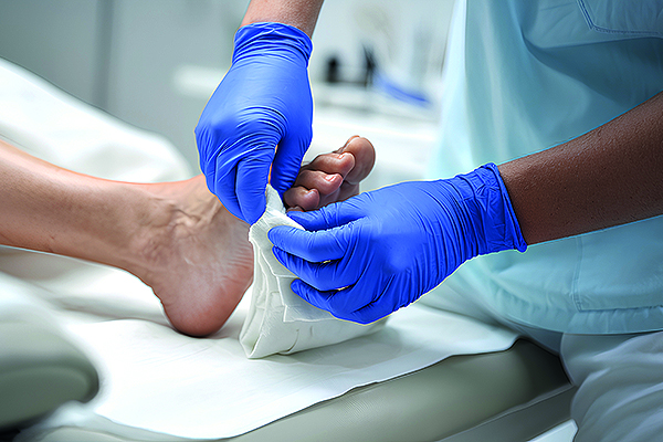 Ein Arzt, der blaue Handschuhe trägt, legt bei seinem Patienten einen neue Verband am Fuß an.